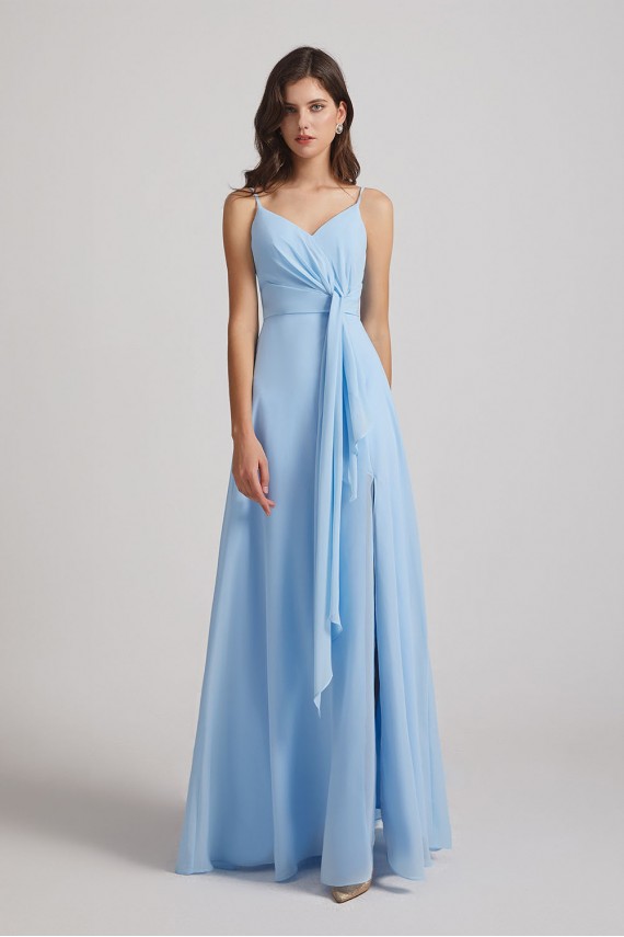 Straps V-Neck Chiffon Bridesmaid Dresses with Waist Knot and Side Slit Canada