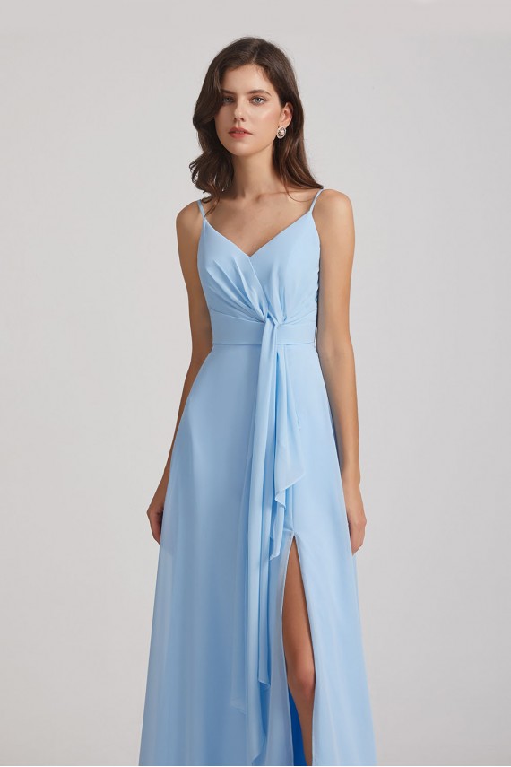 Straps V-Neck Chiffon Bridesmaid Dresses with Waist Knot and Side Slit Canada