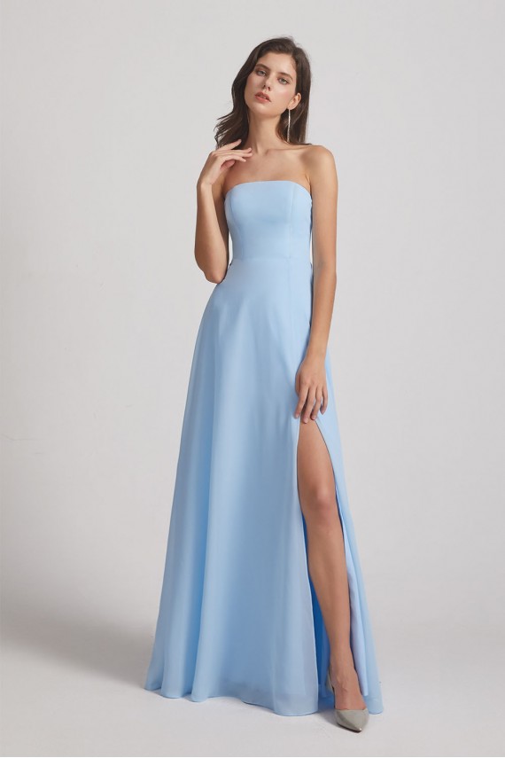 Strapless Chiffon Ruched Split Long Blue Bridesmaid Dresses Canada