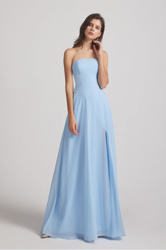 Strapless Chiffon Ruched Split Long Blue Bridesmaid Dresses Canada