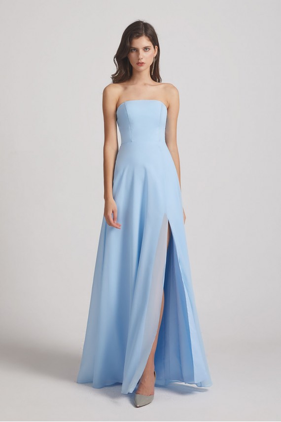 Strapless Chiffon Ruched Split Long Blue Bridesmaid Dresses Canada
