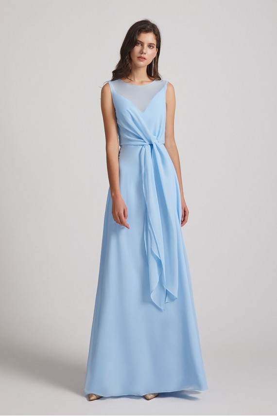 Bias Cut Tie-waist Bridesmaid Dresses with Illusion Boat Neckline and Overlay Canada