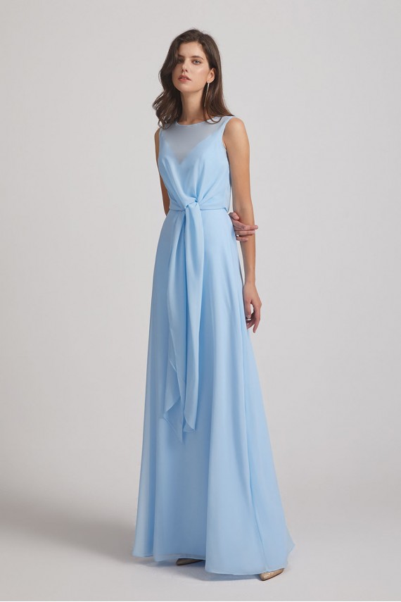 Bias Cut Tie-waist Bridesmaid Dresses with Illusion Boat Neckline and Overlay Canada