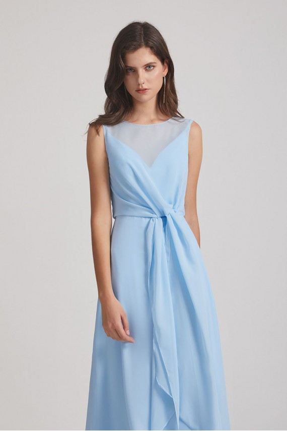 Bias Cut Tie-waist Bridesmaid Dresses with Illusion Boat Neckline and Overlay Canada
