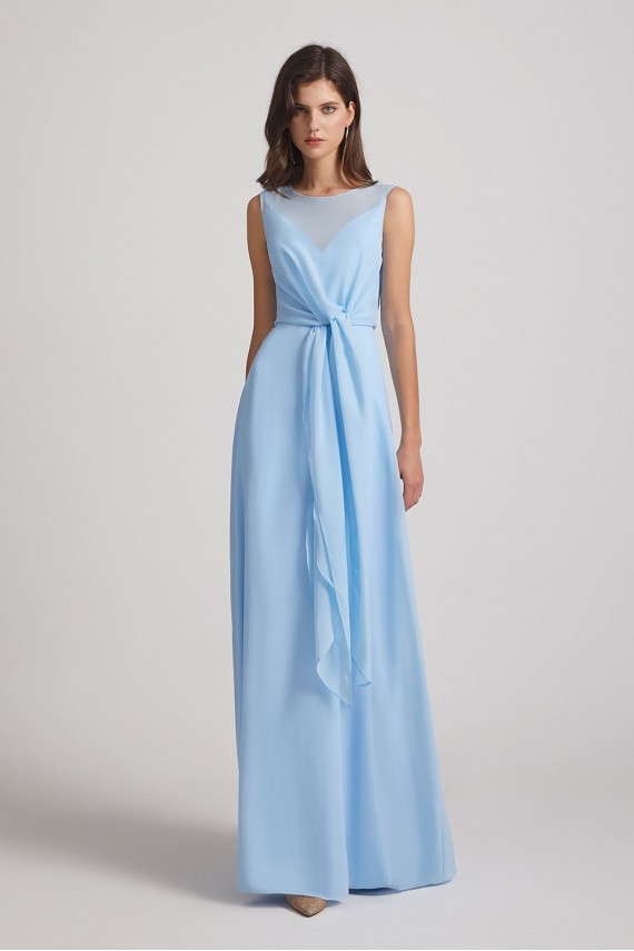 Bias Cut Tie-waist Bridesmaid Dresses with Illusion Boat Neckline and Overlay Canada