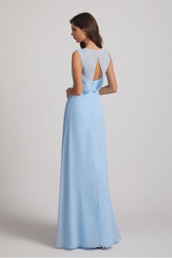 Bias Cut Tie-waist Bridesmaid Dresses with Illusion Boat Neckline and Overlay Canada