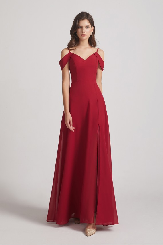 Chiffon Cold Shoulder V-Neck Bridesmaid Dresses with Slit Canada