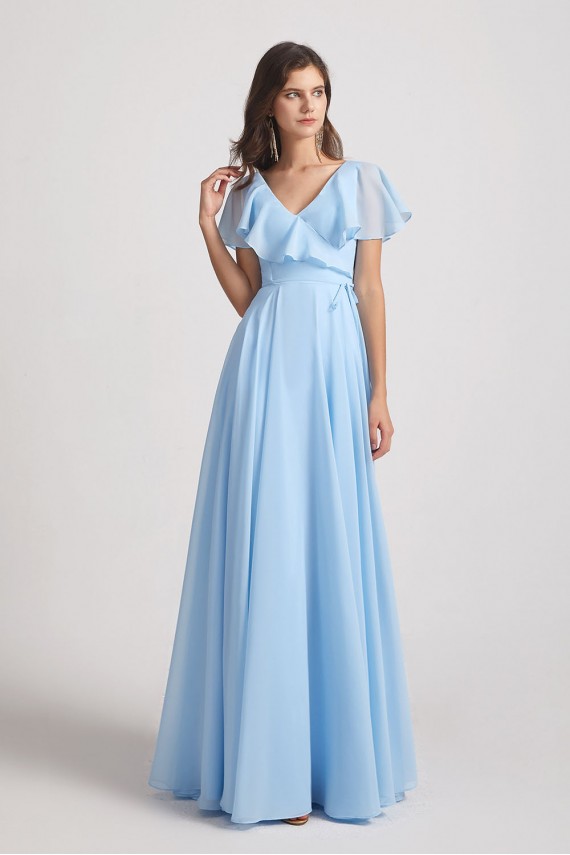 V-Neck Flutter Sleeve Long Chiffon Ruffles Bridesmaid Dresses Canada