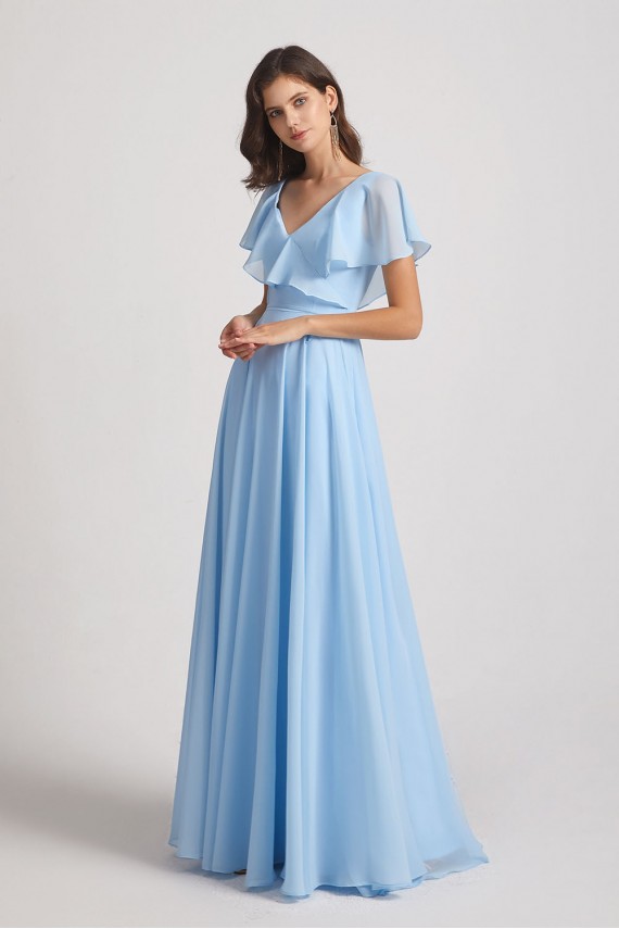 V-Neck Flutter Sleeve Long Chiffon Ruffles Bridesmaid Dresses Canada