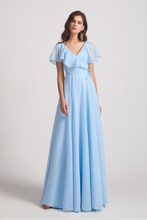 V-Neck Flutter Sleeve Long Chiffon Ruffles Bridesmaid Dresses Canada