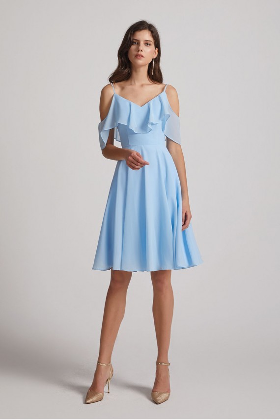 Cold Shoulder Flounce Blue Chiffon Short Bridesmaid Dresses Canada