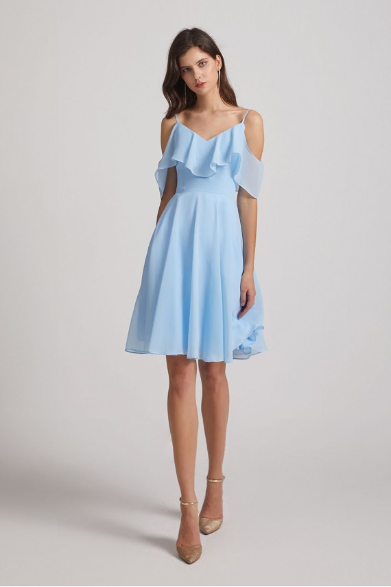 Cold Shoulder Flounce Blue Chiffon Short Bridesmaid Dresses Canada