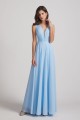Sleeveless V-Neck Crinkle Chiffon Long Blue Bridesmaid Dresses Canada