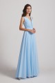 Sleeveless V-Neck Crinkle Chiffon Long Blue Bridesmaid Dresses Canada