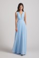 Sleeveless V-Neck Crinkle Chiffon Long Blue Bridesmaid Dresses Canada