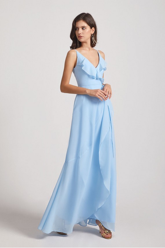 Maxi Wrap Singlet Bridesmaid Dresses with Tie Detail and Frills Canada