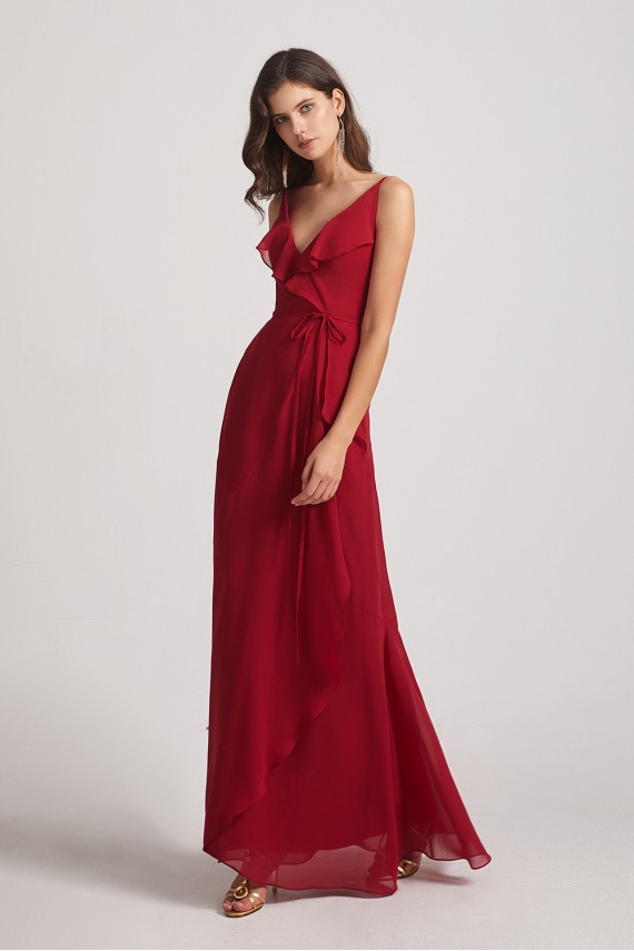 Spaghetti Straps Asymmetrical Frilled Wrap Bridesmaid Dresses Canada