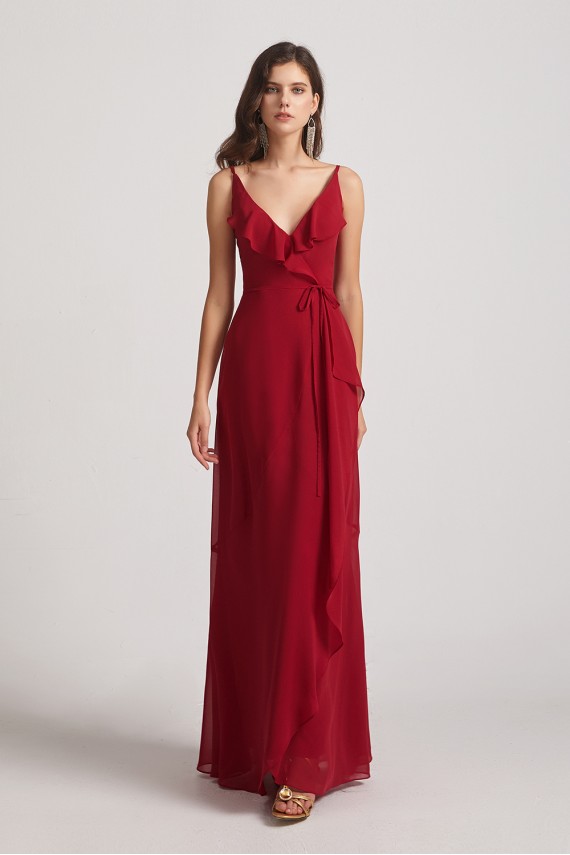 Spaghetti Straps Asymmetrical Frilled Wrap Bridesmaid Dresses Canada