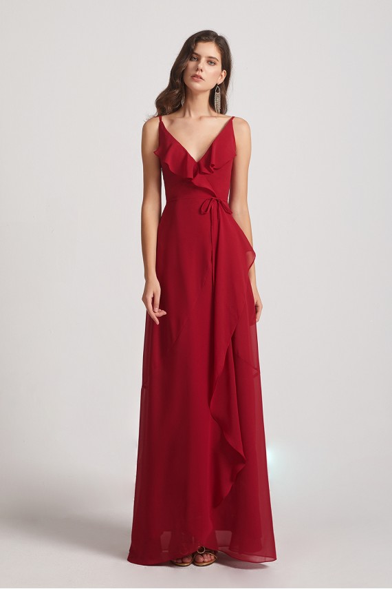 Spaghetti Straps Asymmetrical Frilled Wrap Bridesmaid Dresses Canada