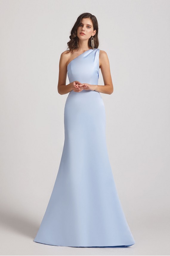 One Shoulder Satin Sheath Long Bridesmaid Dresses with Open Back Canada