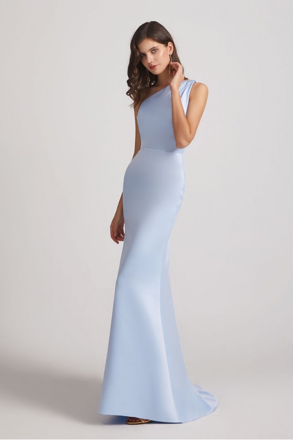 One Shoulder Satin Sheath Long Bridesmaid Dresses with Open Back Canada