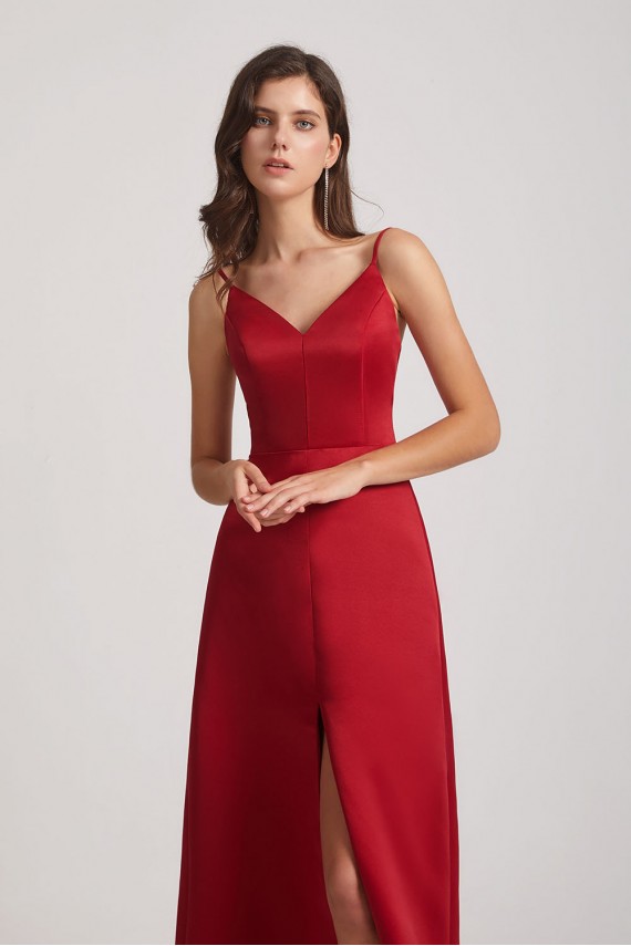 A-Line V-Neck Spaghetti Straps Satin Bridesmaid Dresses with Front Slit Canada