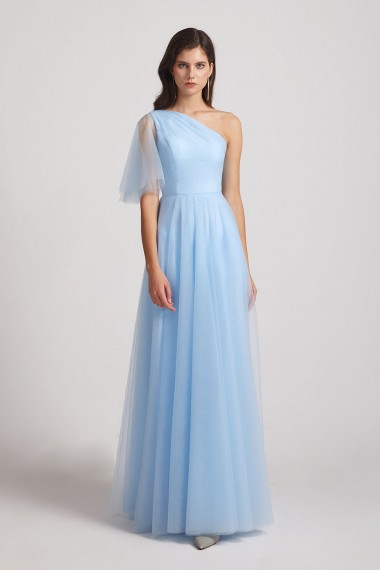 One Shoulder Flutter Sleeve A-Line Tulle Long Bridesmaid Dresses Canada