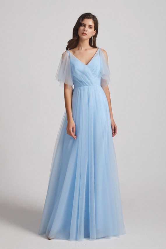 Princess V-Neck Long Flutter Sleeve Bridesmaid Dresses with Open Back Canada