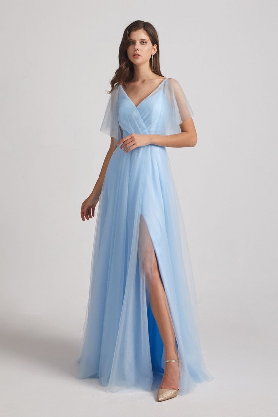Princess V-Neck Long Flutter Sleeve Bridesmaid Dresses with Open Back Canada