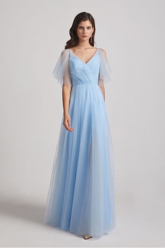 Princess V-Neck Long Flutter Sleeve Bridesmaid Dresses with Open Back Canada