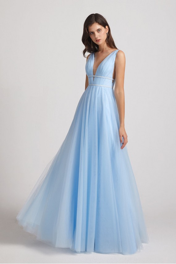 Plunging V-Neck Straps Tulle Long Bridesmaid Dresses Canada