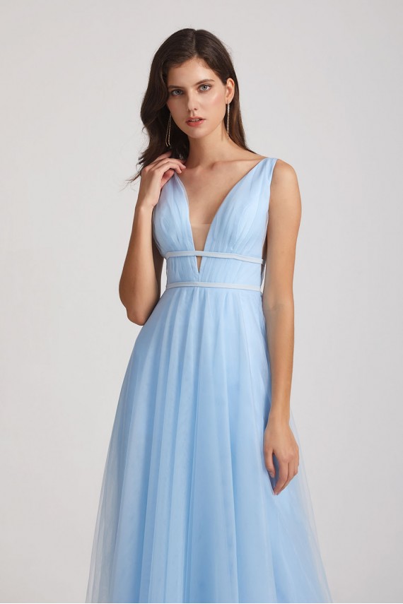Plunging V-Neck Straps Tulle Long Bridesmaid Dresses Canada