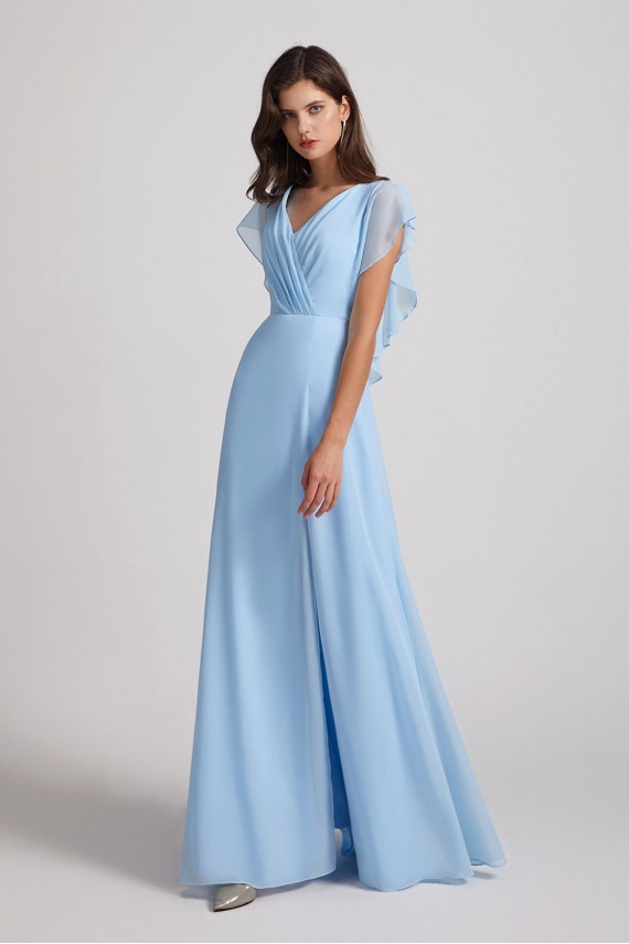 V-Neck Flutter Sleeve Backless Chiffon Bridesmaid Dresses with Side Slit Canada