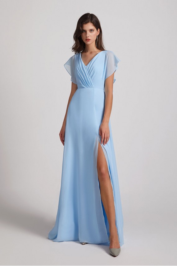 V-Neck Flutter Sleeve Backless Chiffon Bridesmaid Dresses with Side Slit Canada