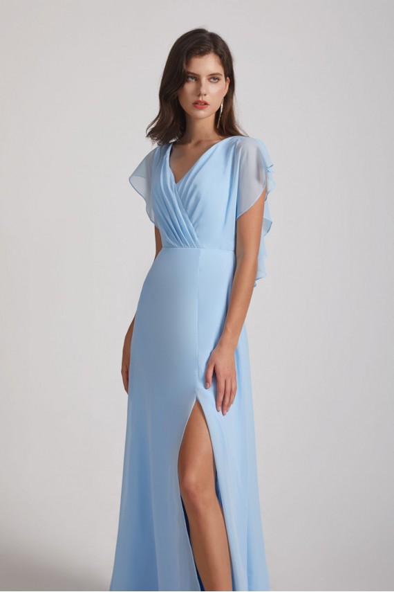V-Neck Flutter Sleeve Backless Chiffon Bridesmaid Dresses with Side Slit Canada