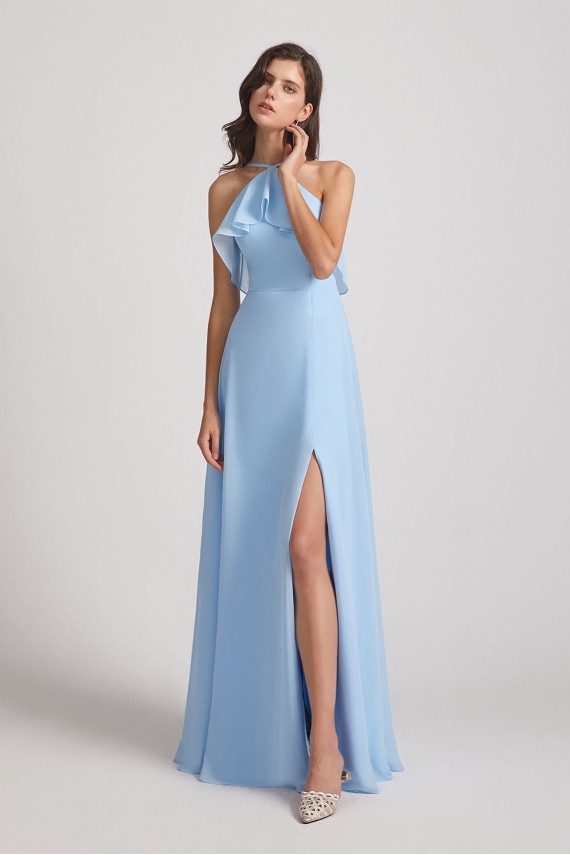 Ruffled Halter Neckline A-Line Skirt Slit Bridesmaid Dresses Canada