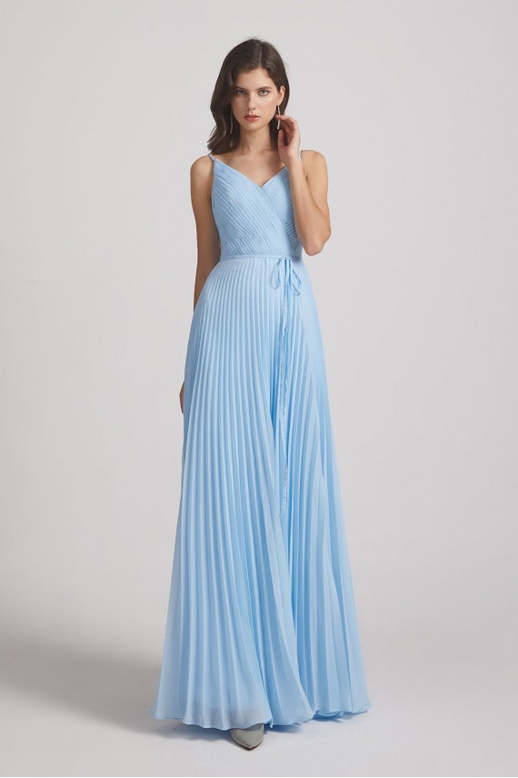 Spaghetti Straps V-Neck Pleated Blue Chiffon Bridesmaid Dresses Canada
