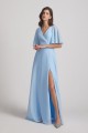 V-Neck Chiffon Side Slit Flutter Half Sleeve Blue Bridesmaid Dresses Canada