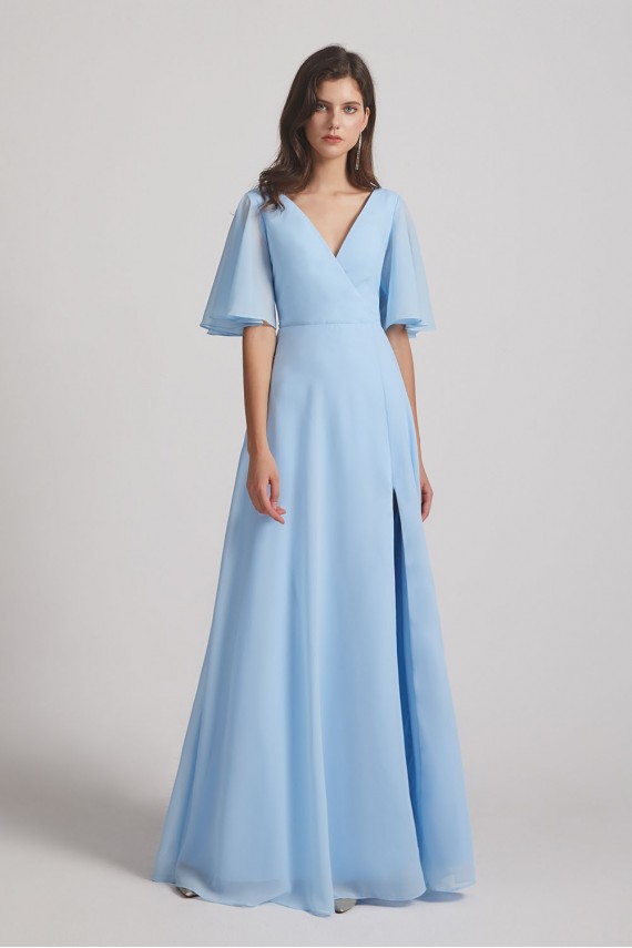V-Neck Chiffon Side Slit Flutter Half Sleeve Blue Bridesmaid Dresses Canada