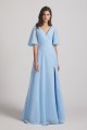 V-Neck Chiffon Side Slit Flutter Half Sleeve Blue Bridesmaid Dresses Canada
