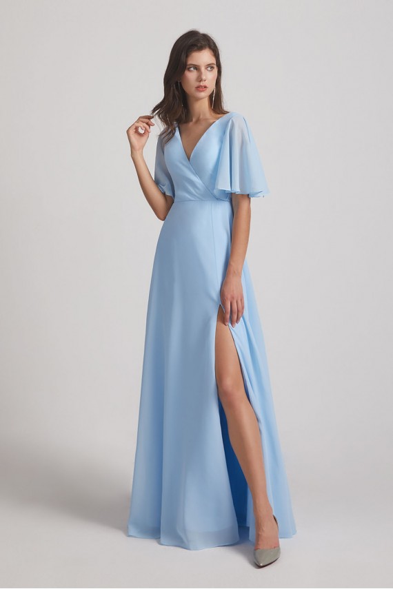 V-Neck Chiffon Side Slit Flutter Half Sleeve Blue Bridesmaid Dresses Canada