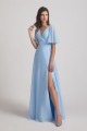 V-Neck Chiffon Side Slit Flutter Half Sleeve Blue Bridesmaid Dresses Canada
