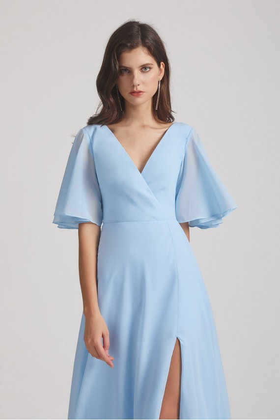 V-Neck Chiffon Side Slit Flutter Half Sleeve Blue Bridesmaid Dresses Canada