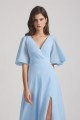V-Neck Chiffon Side Slit Flutter Half Sleeve Blue Bridesmaid Dresses Canada
