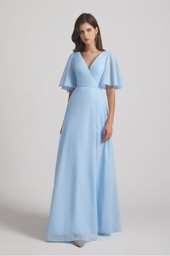 V-Neck Chiffon Side Slit Flutter Half Sleeve Blue Bridesmaid Dresses Canada