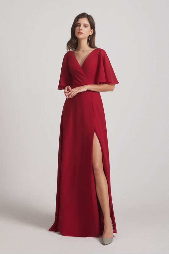 V-Neck Chiffon Side Slit Bridesmaid Dresses With Flutter Half Sleeves Canada
