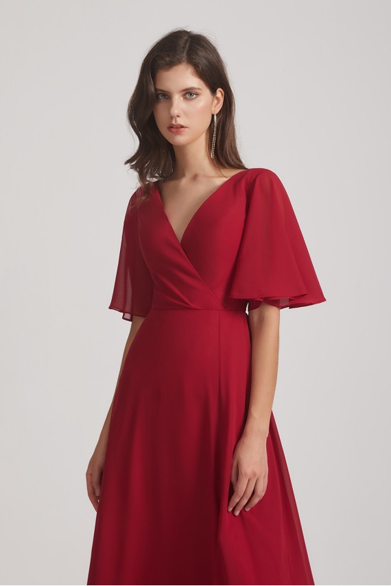 V-Neck Chiffon Side Slit Bridesmaid Dresses With Flutter Half Sleeves Canada