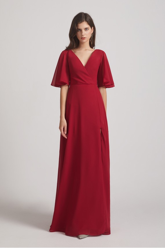 V-Neck Chiffon Side Slit Bridesmaid Dresses With Flutter Half Sleeves Canada