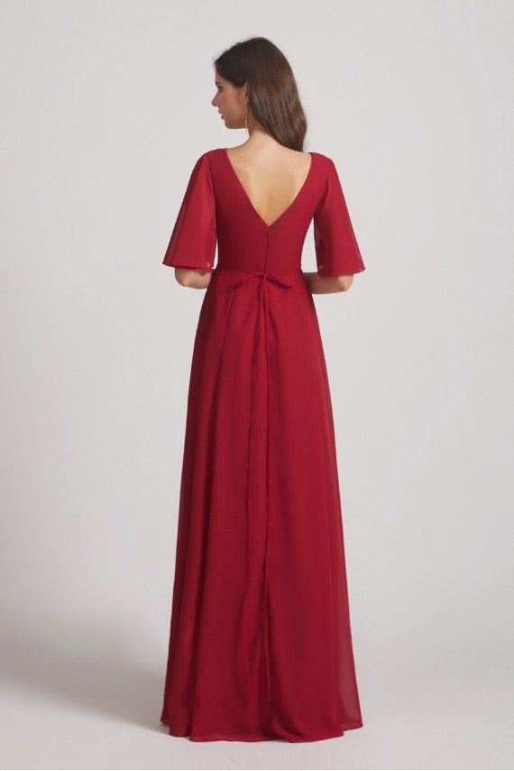 V-Neck Chiffon Side Slit Bridesmaid Dresses With Flutter Half Sleeves Canada