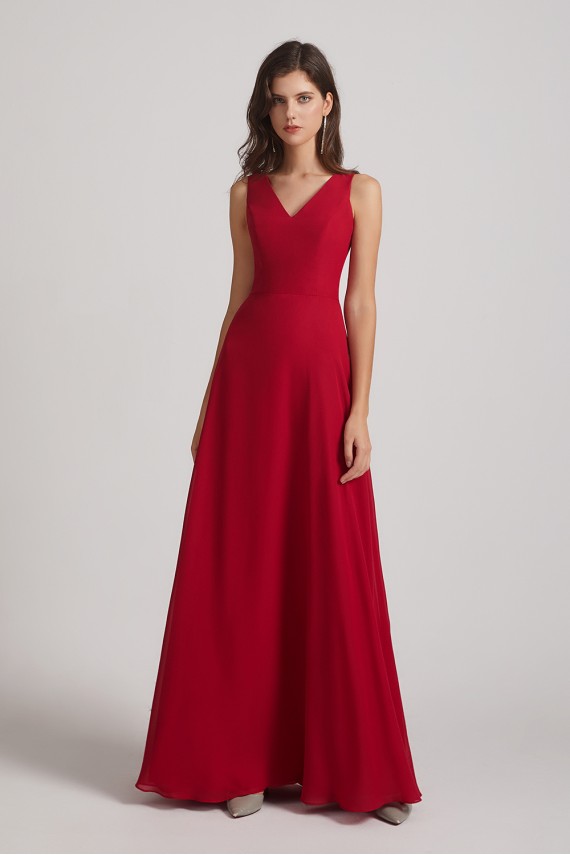 V-Neck Tie Back A-line Chiffon Long Bridesmaid Dresses Canada